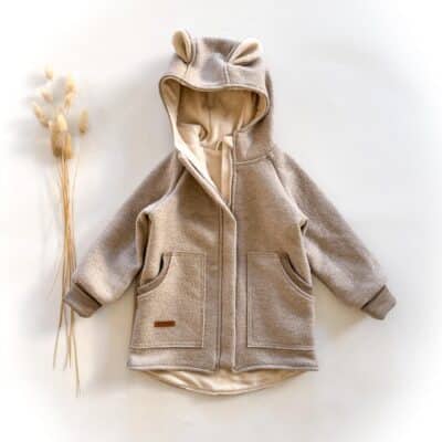 Sofortkauf: Merino-Walkjacke mit Reißverschluss und Bärenohren in Creme/Baumwollfleece Creme, Gr. 98/104