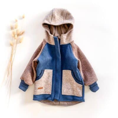 Sofortkauf: Colorblock Walkjacke mit Wolljersey Futter Schlamm und runder Kapuze, Gr. 92/98 Rauchblau/Sand Meliert/Schlamm