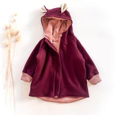 Sofortkauf: Merino-Walkjacke mit Reißverschluss und Bärenohren in Beere/Altrosa, Gr. 86/92