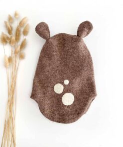 Kinder Schalmütze Balaclava aus Wollwalk mit Reh-Ohren und Rehpunkten