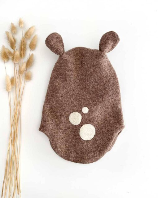 Kinder Schalmütze Balaclava aus Wollwalk mit Reh-Ohren und Rehpunkten