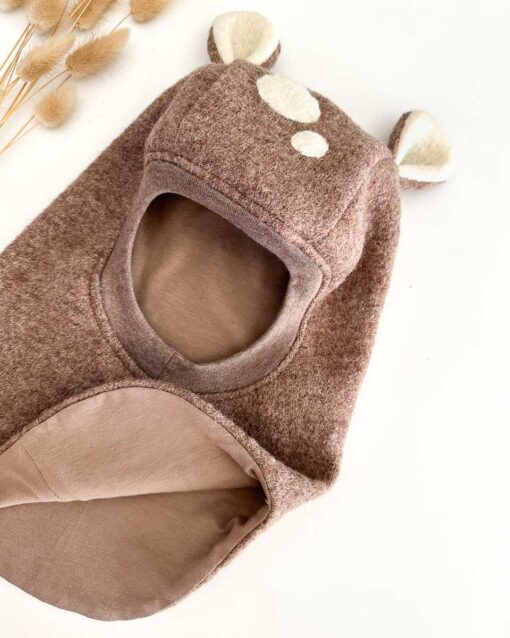 Kinder Schalmütze Balaclava aus Wollwalk mit Bären, Fuchs oder Reh-Ohren